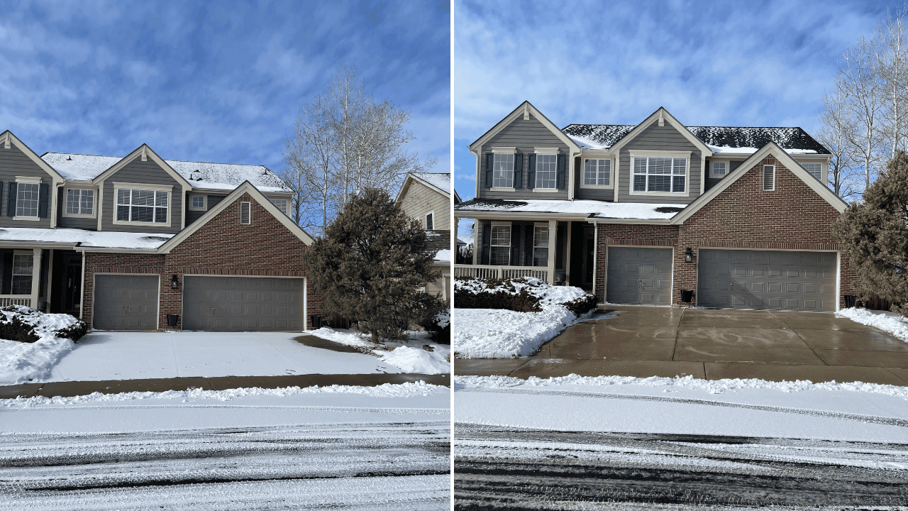 Before and after of a two-story house with driveway snow removal service completed.