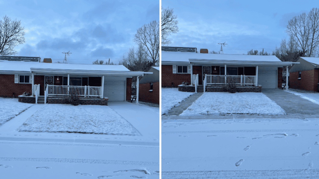 Snow Removal Before & After | Walkway & Driveway Cleared Before and after images of a single-story home with completed driveway and sidewalk snow removal.