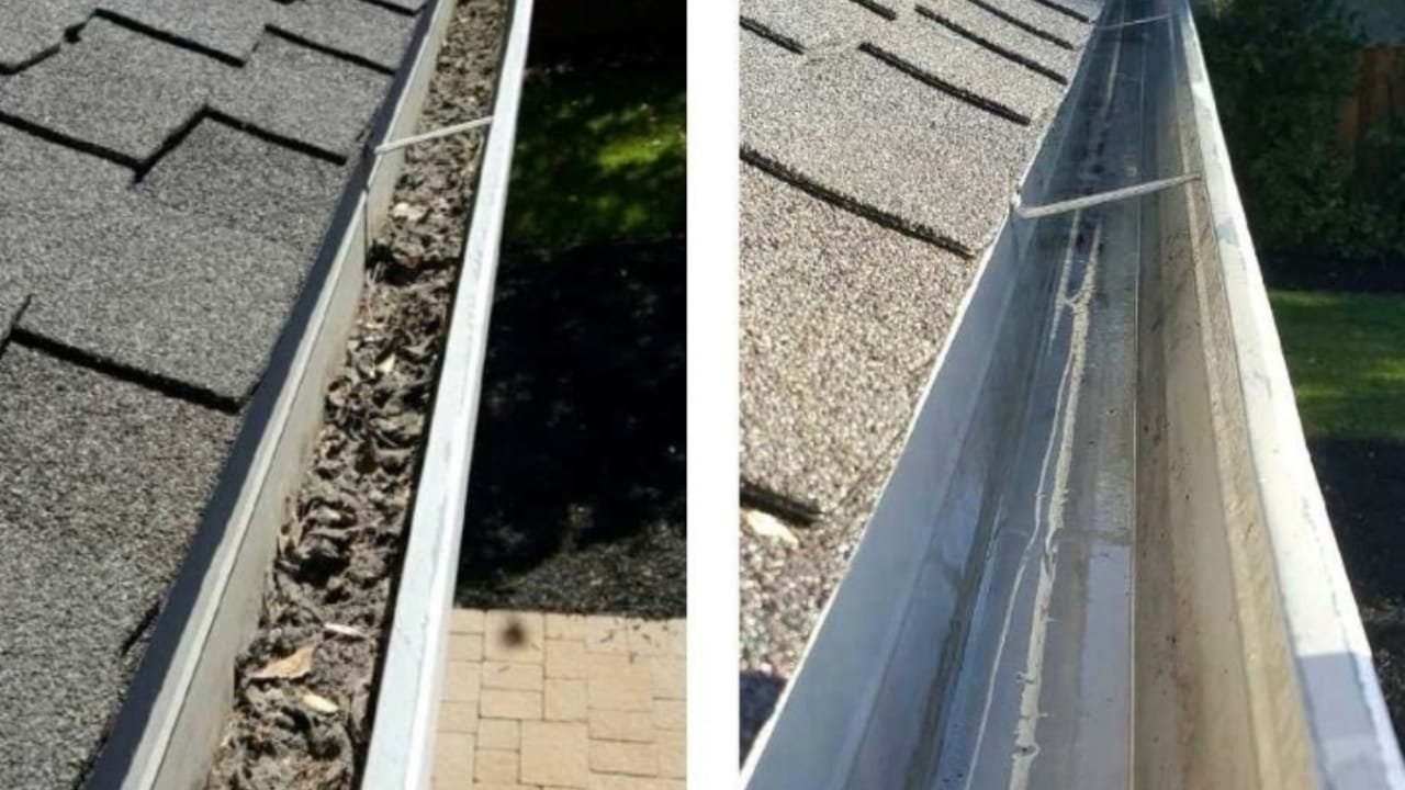 Before and after close-up of gutters filled with debris and cleaned gutters on a shingled roof.