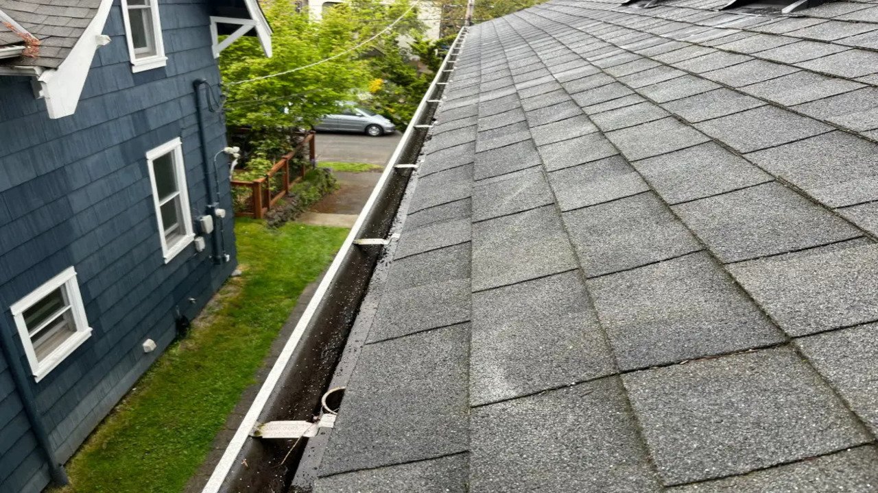 Dirty residential gutter filled with debris before professional gutter cleaning service in Fort Collins, Colorado.