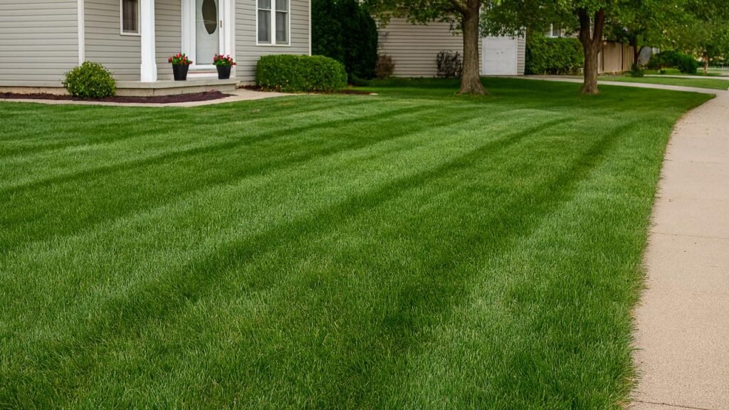 Freshly fertilized green lawn with clean mowing lines in a Northern Colorado neighborhood.
