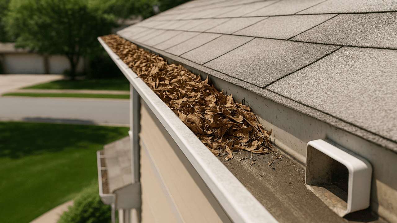 Gutter filled with leaves before and after professional cleaning in Fort Collins