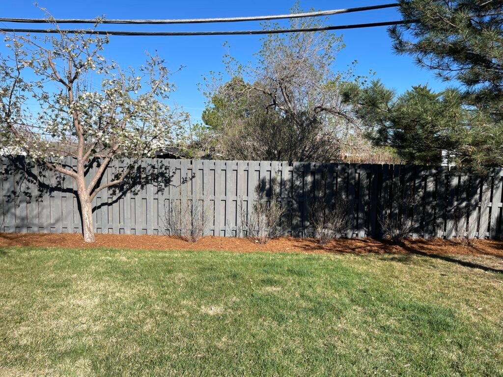 Residential mulch installation and spring garden bed cleanup in Windsor Colorado.