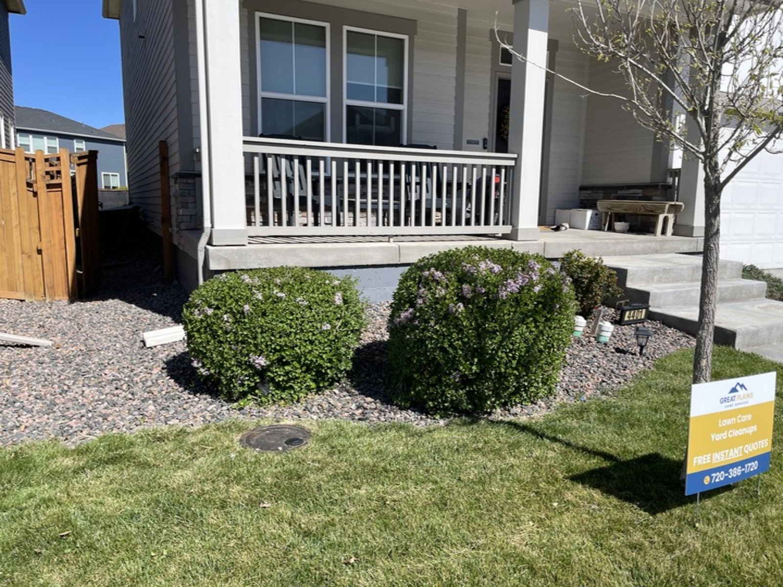 Neatly trimmed flowering shrubs and bushes in a rock landscape bed in Windsor, CO.