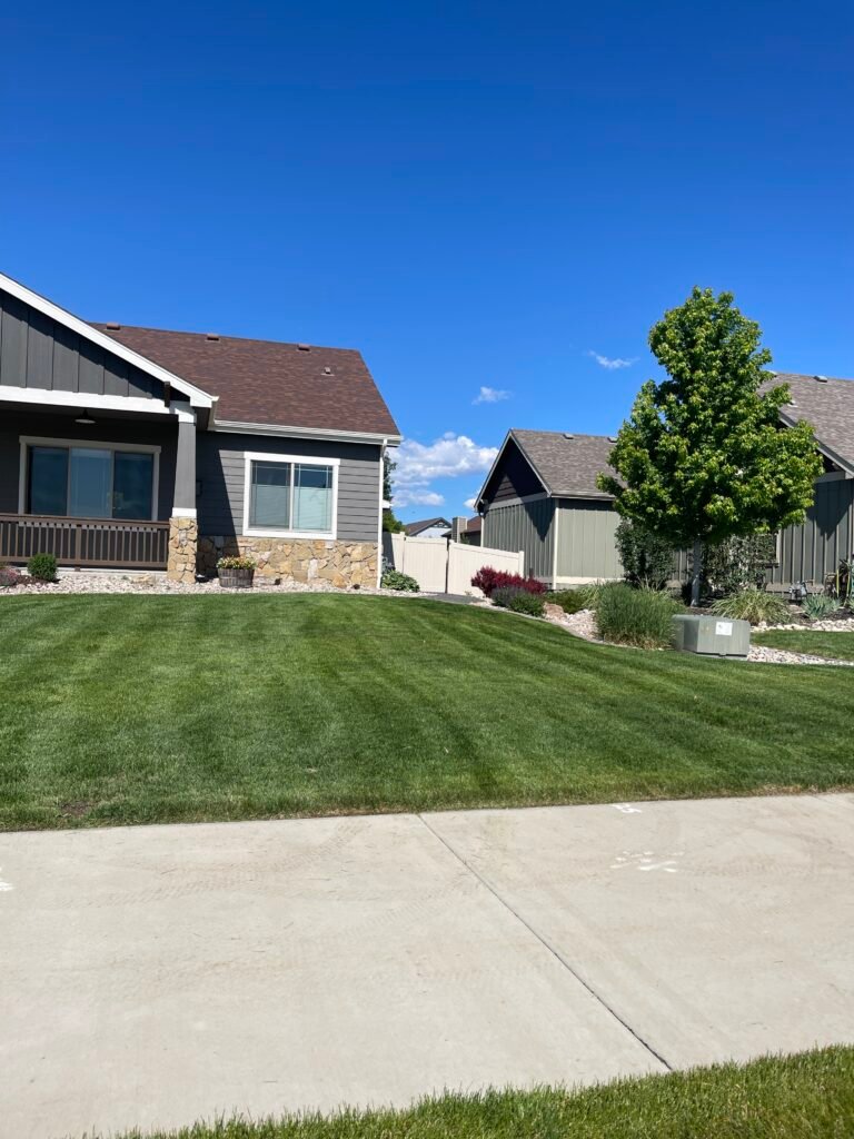 Freshly mowed front lawn with sharp stripes at a residential property in Johnstown, Colorado.