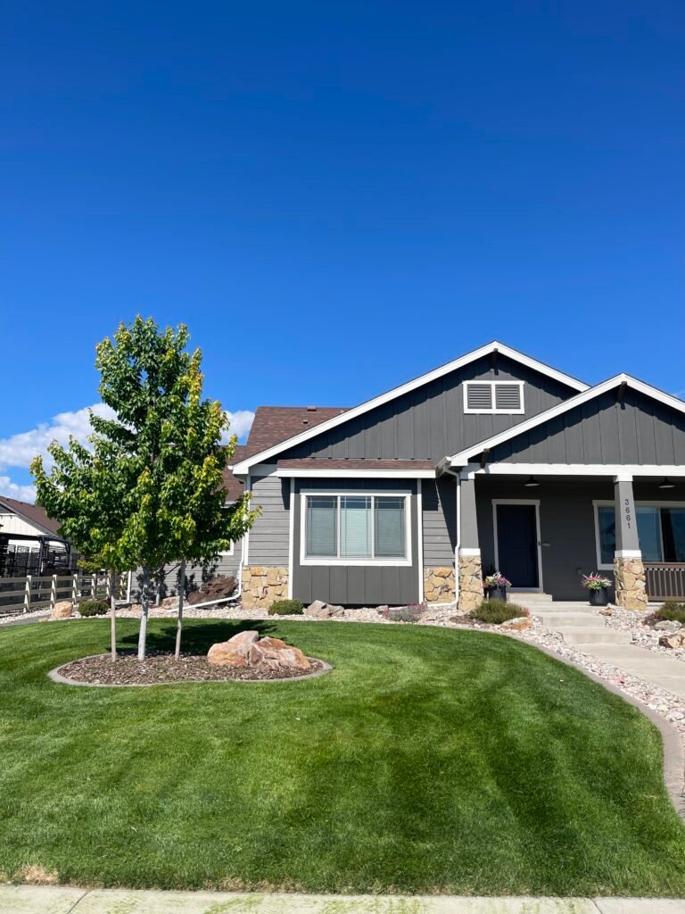 Professional lawn mowing and clean yard trimming around a front tree bed in Johnstown, Colorado.